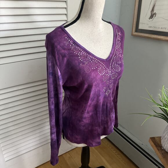 Vintage FASHION BUG Top XL Purple Tie Dye Studded V-Neck Retro Y2K Grunge Goth - Picture 5 of 10